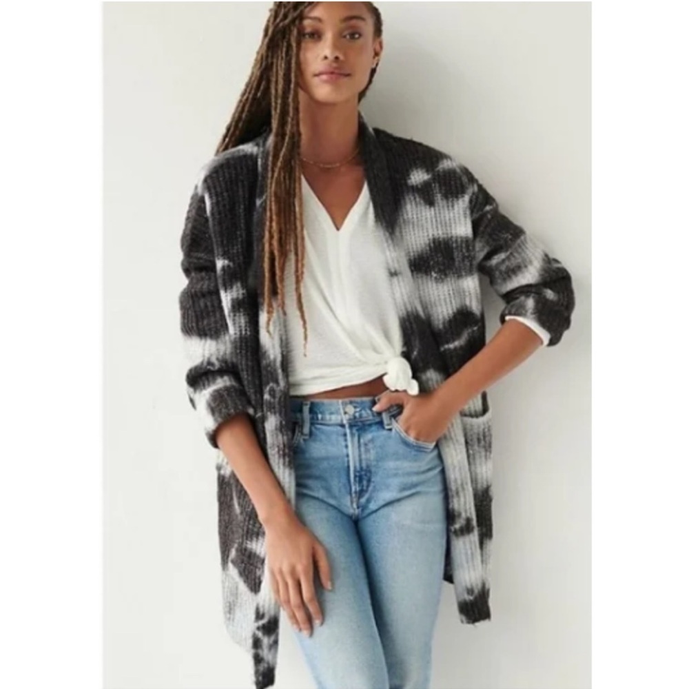 Anthropologie Avalon Tie Dye Cardigan Sweater Long Length Black Gray Size Small
